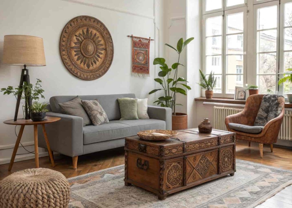 Bohemian living room mixing a modern linen sofa with a vintage carved wooden trunk coffee table, rattan chair, and indoor plants in a bright apartment