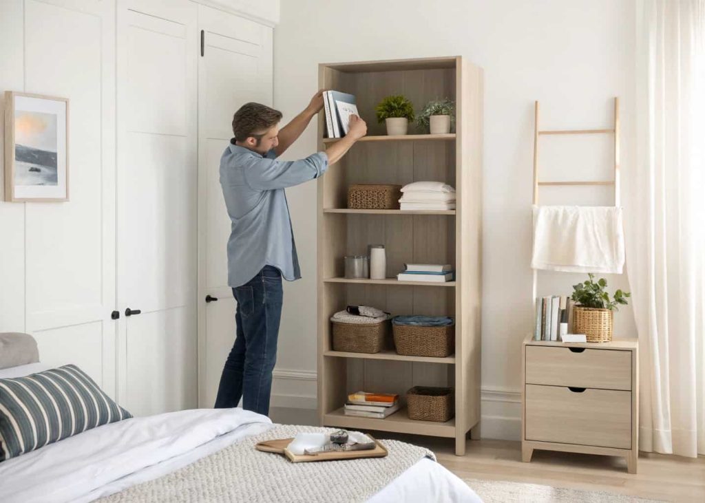 A person sorting through shelves and removing extra items, with a clean organized bookshelf visible in the background, soft daylight, neutral tones, and a tidy minimal bedroom setting.