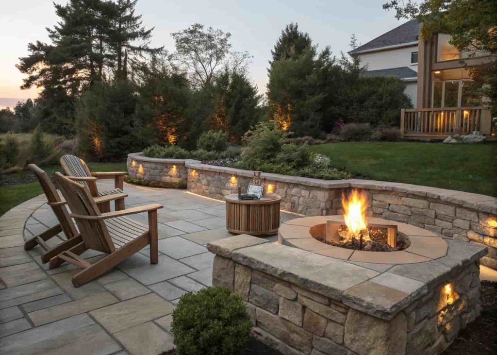 A fire pit with a stone wind barrier wall on one side of the seating area