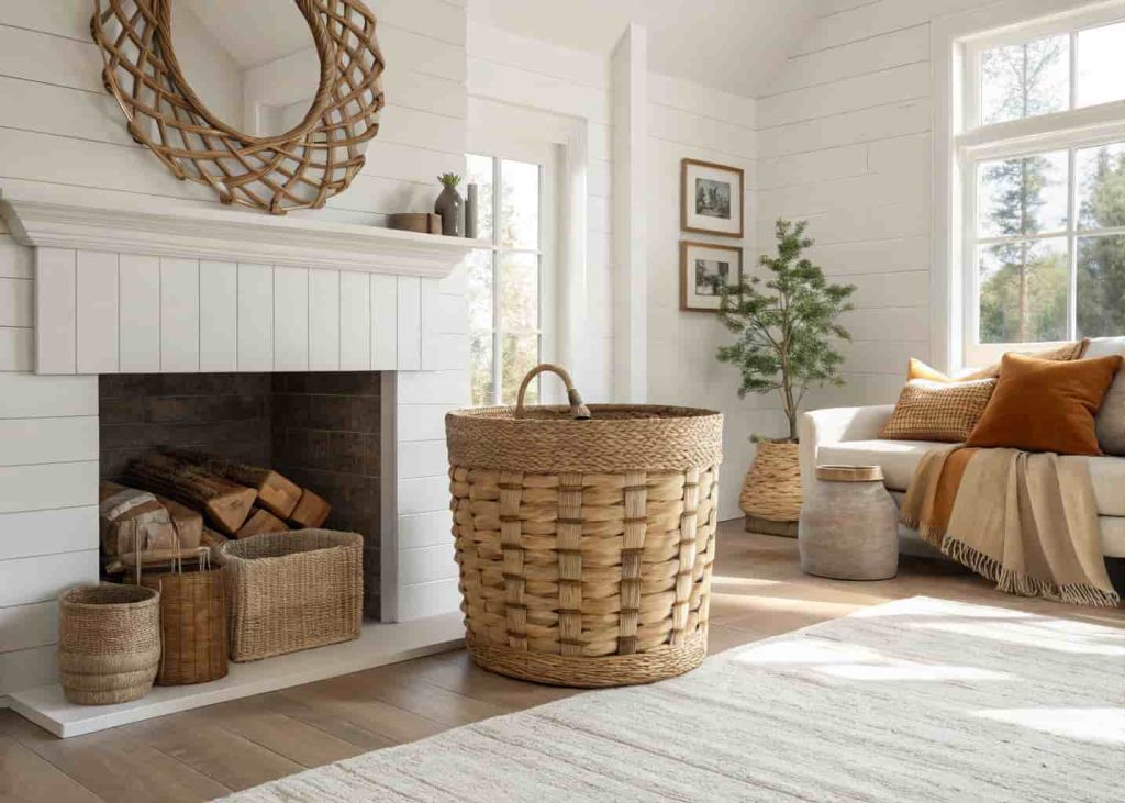 A single large handwoven statement basket placed beside a stone fireplace in a minimalist living room