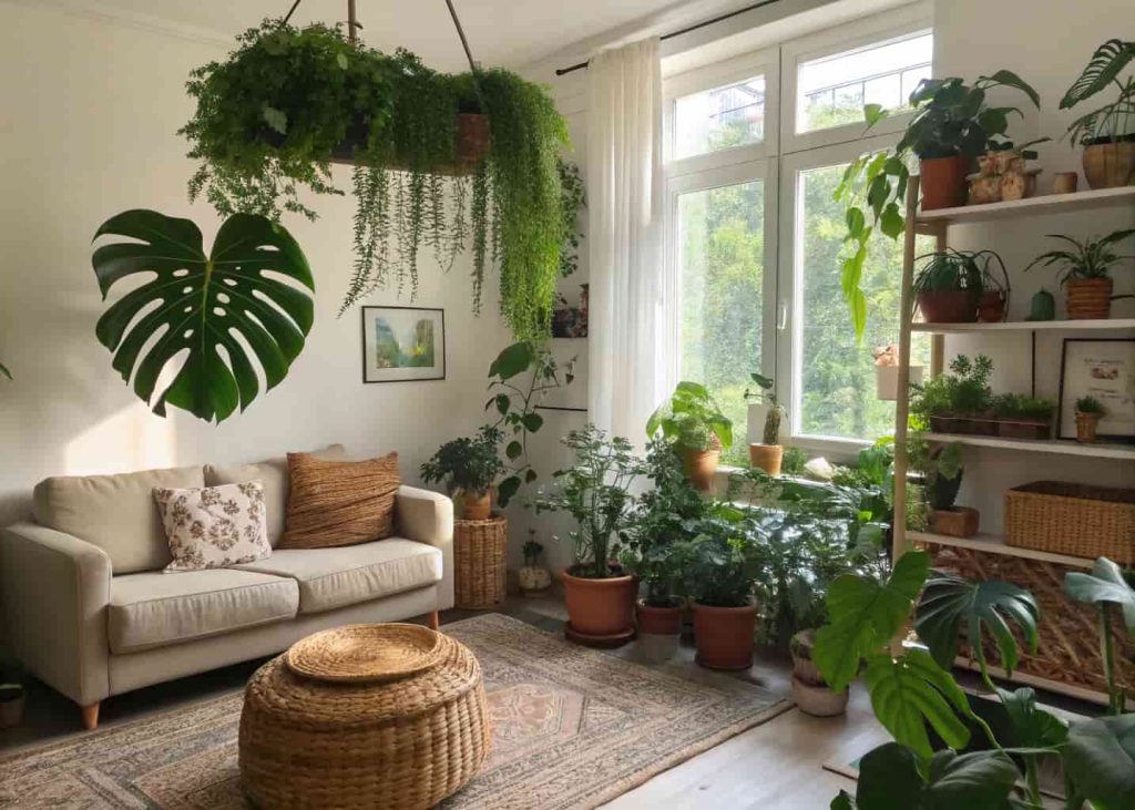 A lush bohemian living room filled with multiple indoor plants including monstera, pothos, and snake plants in terracotta and woven basket pots