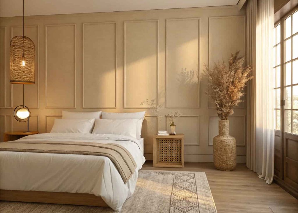 A minimalist bedroom with warm beige walls, white bedding, a natural wood side table, soft warm lighting, and a single dried flower arrangement — peaceful, neutral, and elegantly simple.