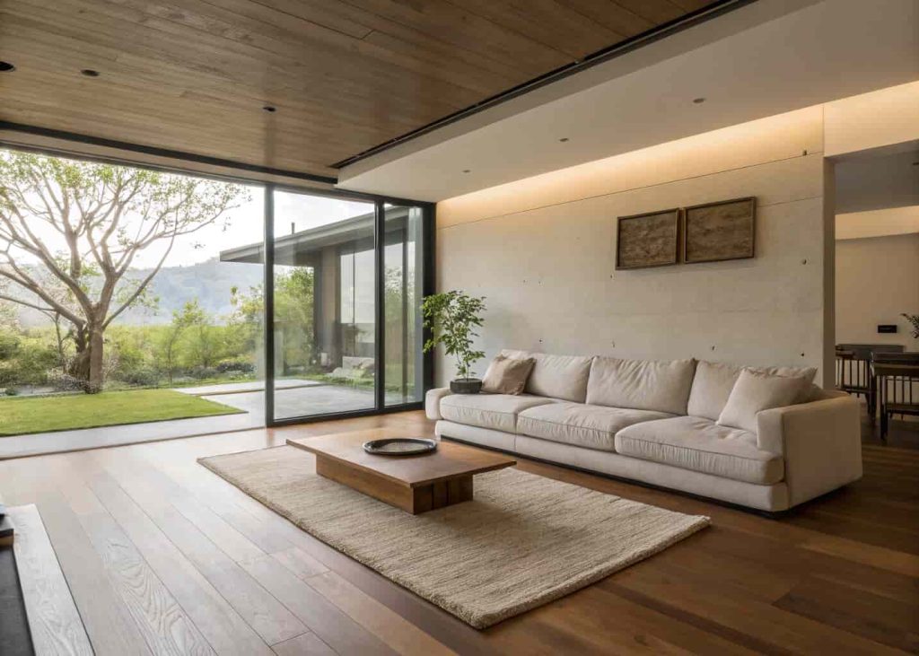 A minimalist living room with low-profile sofa and coffee table creating the illusion of higher ceilings and a more spacious, open feel