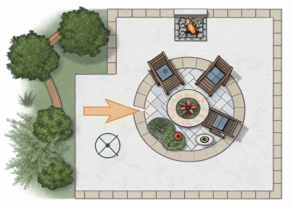 Aerial view showing correct seating placement upwind of a fire pit with smoke blowing away