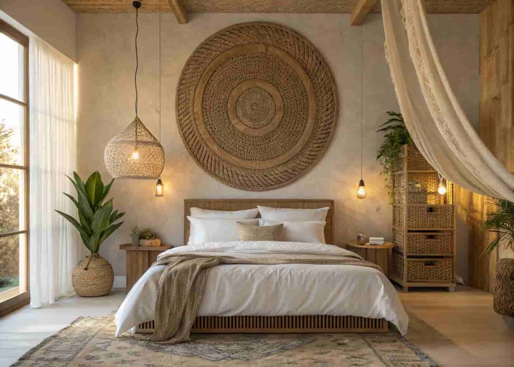 A large round woven jute basket hung on the wall above a bed with white linen bedding as a headboard alternative