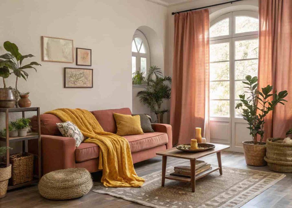 A bohemian living room decorated in warm earthy tones including terracotta, mustard yellow, dusty rose, and olive green with natural wood accents