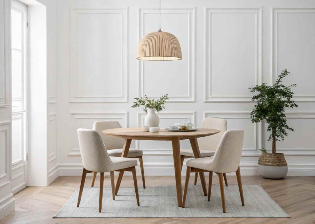 A minimalist dining area with a simple solid wood table, four light-colored linen chairs, a single pendant light above, white walls, and a small indoor plant in the corner — clean lines, warm tones, elegant feel.
