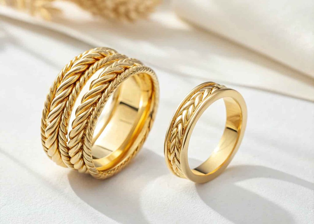 Two twisted rope-style gold bands stacked with a plain gold ring, photographed close up with warm natural lighting