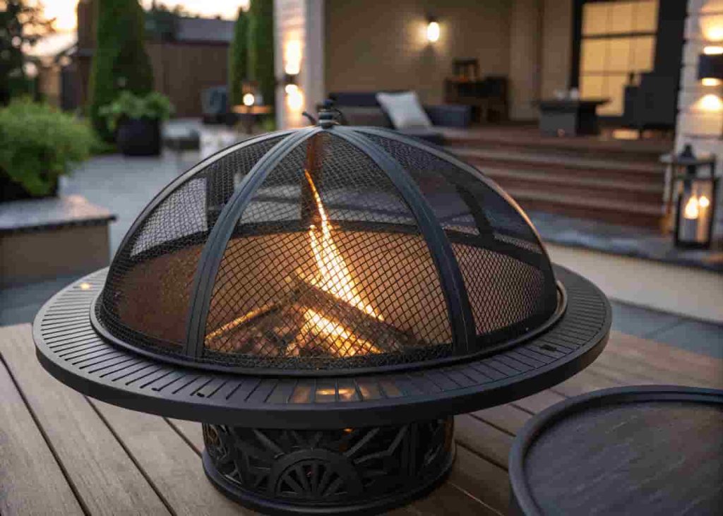A fire pit with a metal mesh spark screen lid directing smoke upward