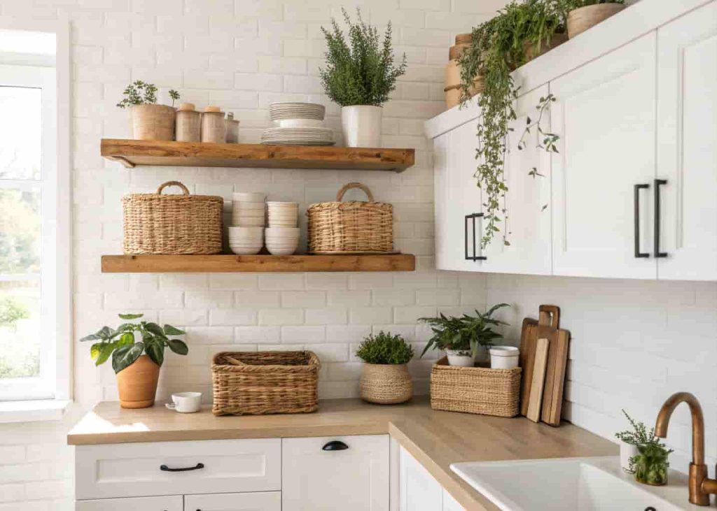 Open wooden kitchen shelves decorated with small handwoven wicker baskets, plants, and ceramic dishware