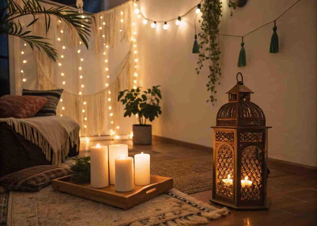 A cozy bohemian living room lit by warm string lights, pillar candles, and a Moroccan lantern creating a magical, intimate nighttime atmosphere