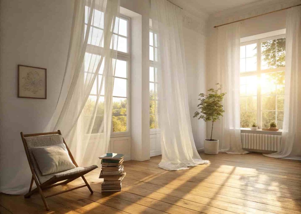 A sunlit minimalist living room with sheer white curtains blowing gently, golden morning light across a wooden floor, a simple reading chair, and a small stack of books — warm, bright, and beautifully peaceful.