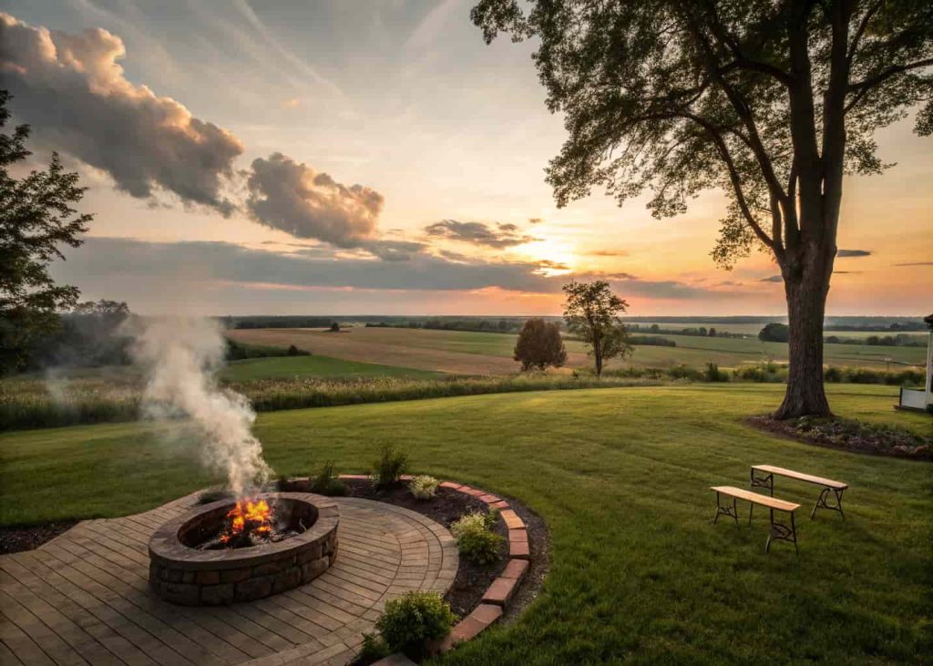 A fire pit sitting in an open backyard with smoke rising straight up into clear sky
