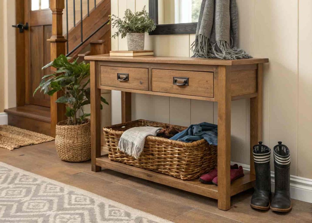 A handwoven rectangular basket placed under a wooden console table in a warm entryway holding everyday items