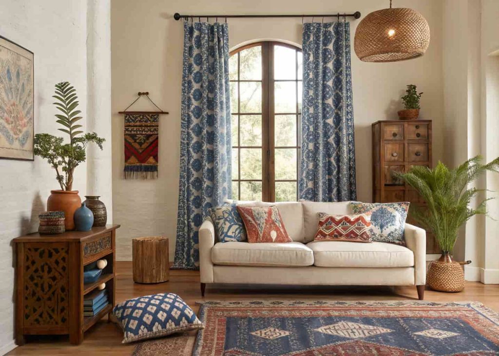 A bohemian living room featuring global textiles including ikat pillows, Indian block print curtains, and a Turkish kilim rug in warm earthy tones