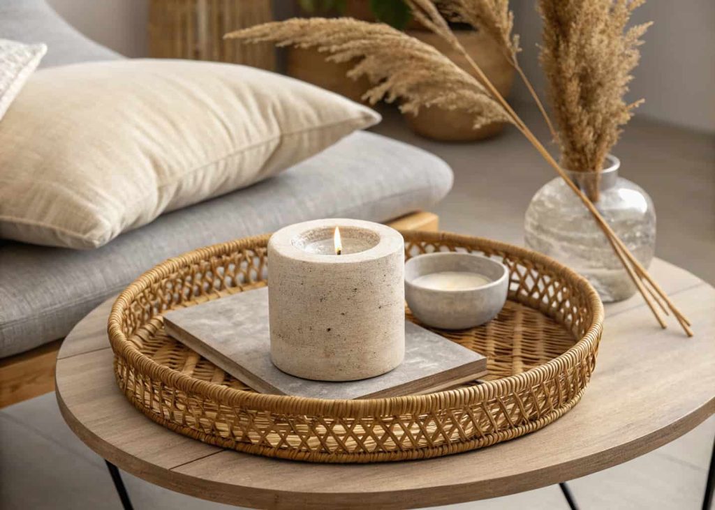 A close-up styled shot of a minimalist coffee table with a woven rattan tray, a smooth stone candle holder, a small linen cushion, and a dried grass arrangement — layered textures, warm neutral tones, natural materials.