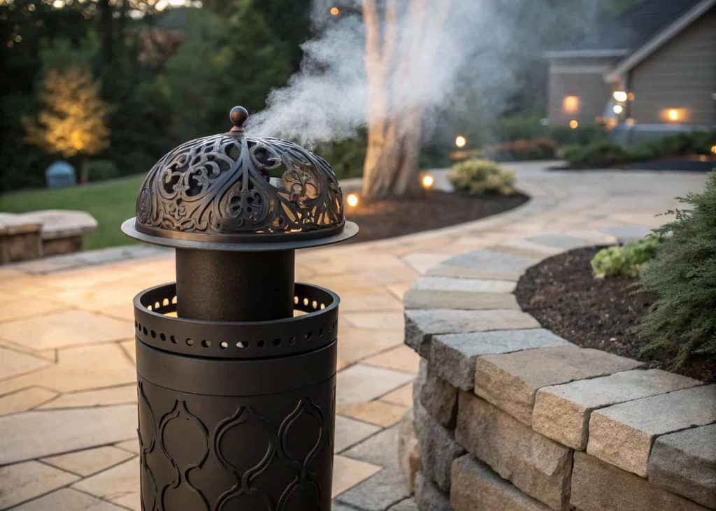 A chimney cap on an outdoor fire pit directing smoke upward away from seating area