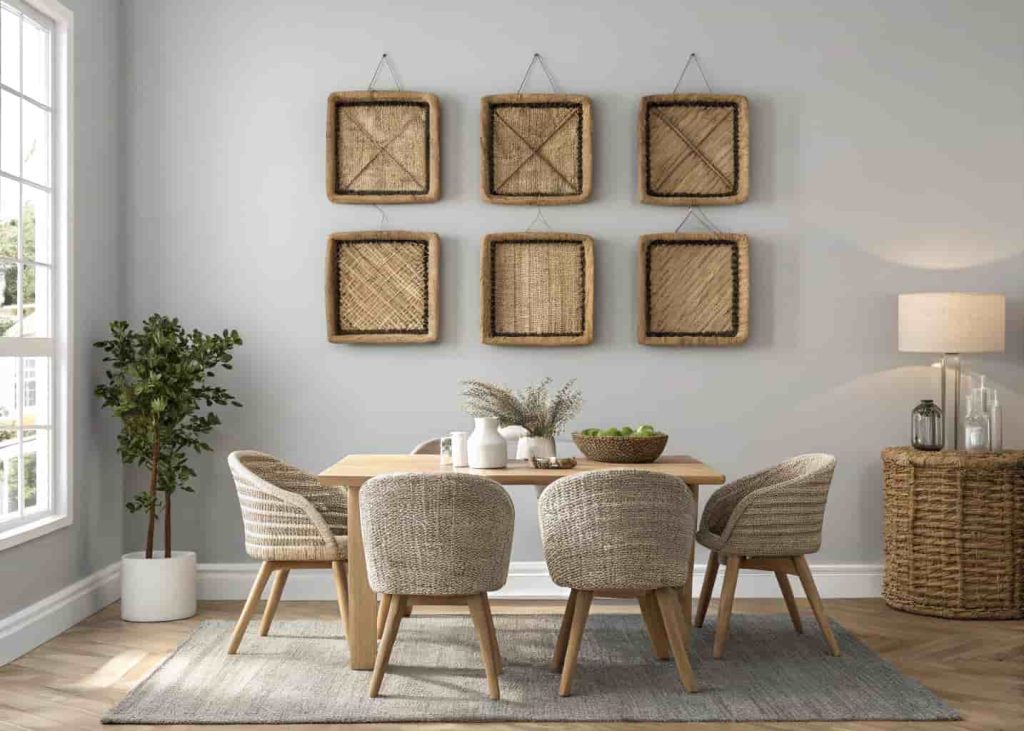 Four matching handwoven baskets arranged in a symmetrical 2x2 grid on a light grey wall in a minimalist dining room