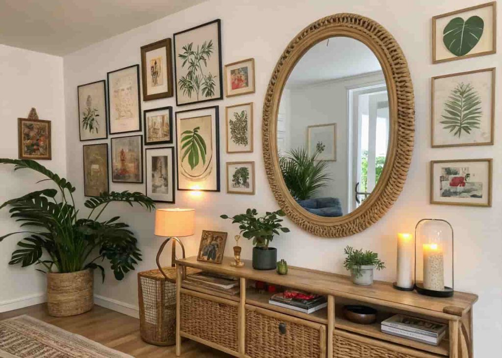 An eclectic bohemian gallery wall featuring a mix of vintage posters, botanical prints, mirrors in rattan and gold frames, and personal art in a modern apartment