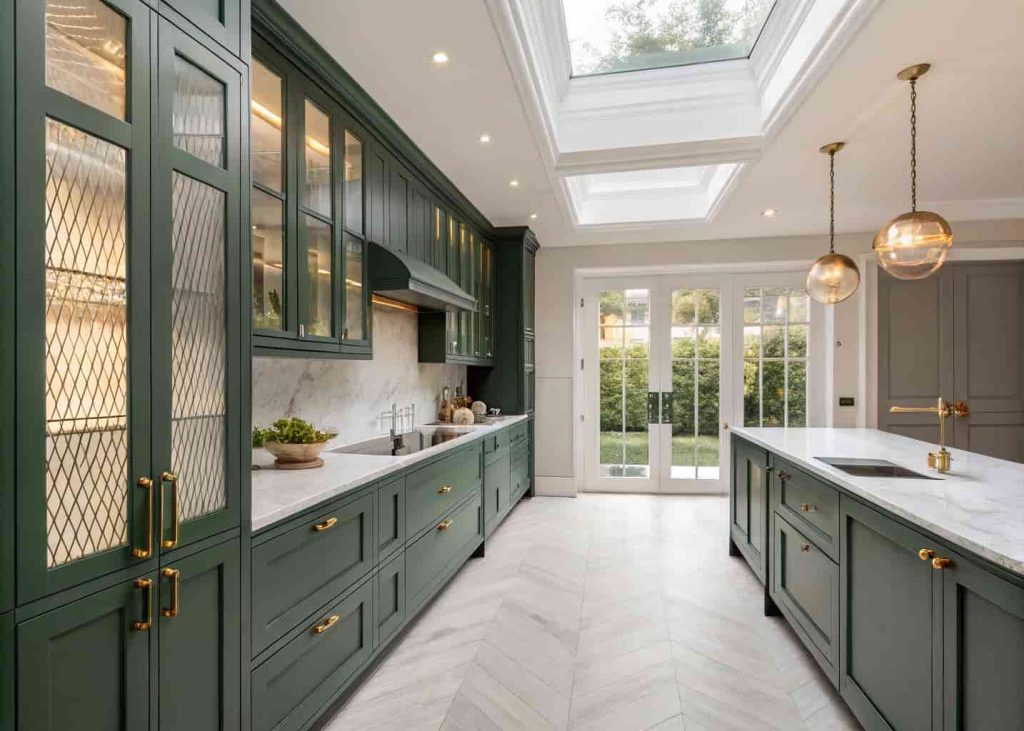 Sage green kitchen cabinets with fluted glass inserts and brass handles in a Neo Deco kitchen interior