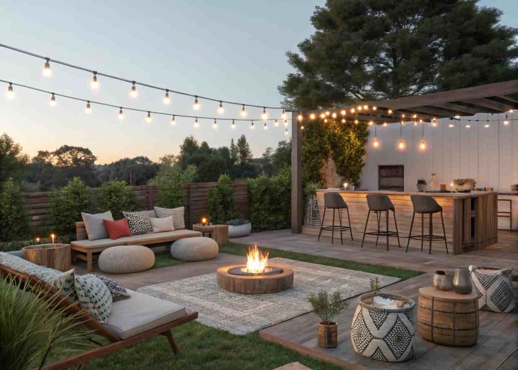  Mixed seating heights around a backyard fire pit including floor cushions, lounge chairs, and bar stools in a casual bohemian outdoor setting.