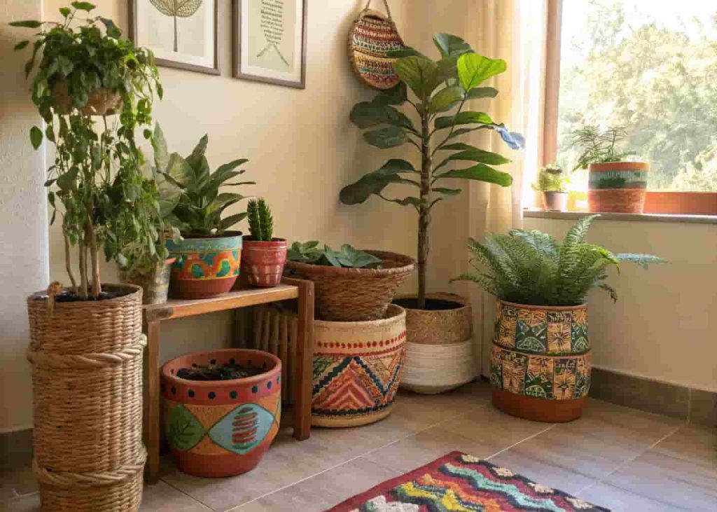 Boho indoor plants styled in hand-painted terracotta and woven basket pots at varying heights