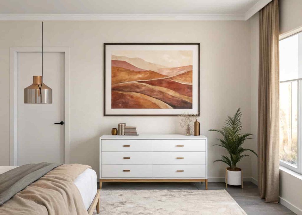  Large abstract earth-tone art print above a minimalist dresser in a calm, neutral bedroom with soft lighting.