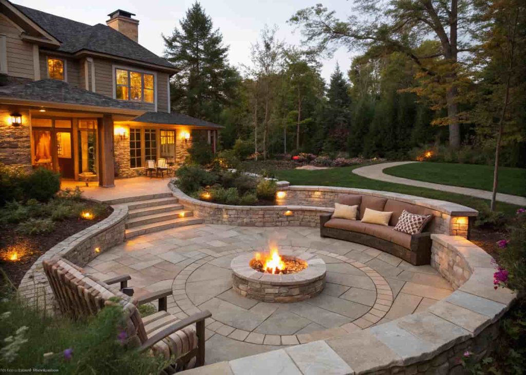 A sunken fire pit built into the ground and lined with stone with a fire burning inside
