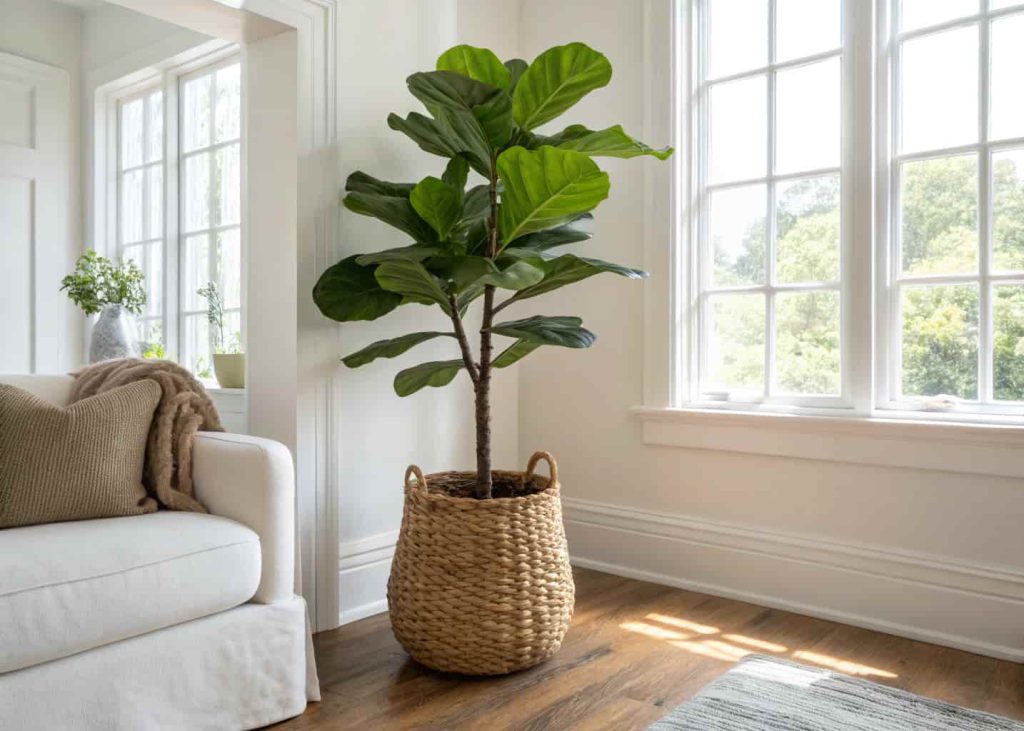A tall fiddle leaf fig plant in a deep handwoven seagrass basket pot cover beside a sunlit window