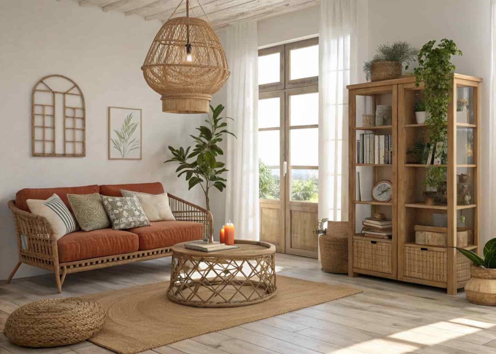 A bohemian living room with natural rattan pendant light, wicker side table, and bamboo bookshelf paired with linen and jute textures in a bright apartment