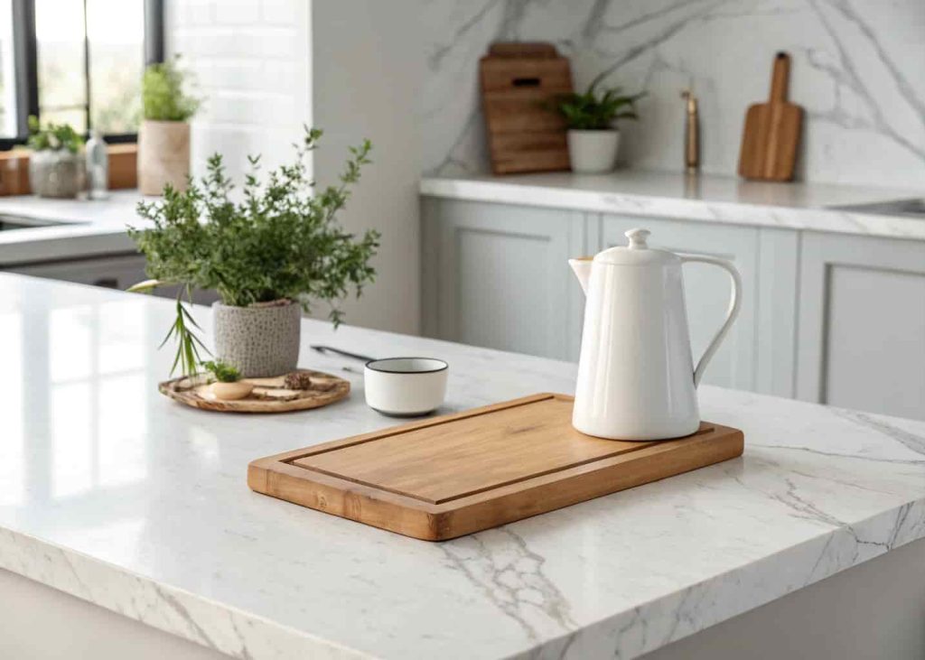 A minimalist kitchen counter with only a wooden cutting board, a small potted herb, and a simple white kettle — clean marble surface, soft natural light, nothing extra, everything purposeful