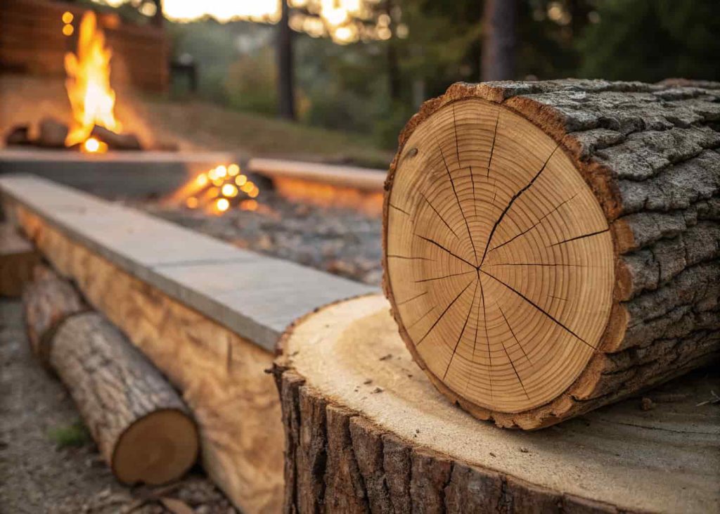 A split hardwood log with dense grain beside an outdoor fire pit