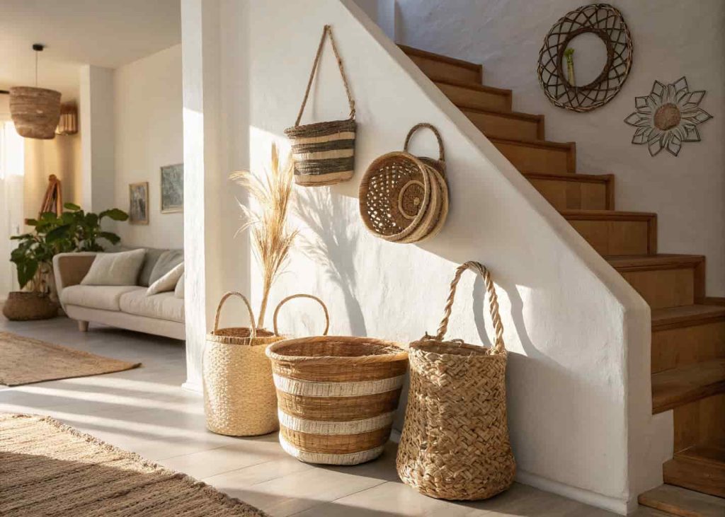 Three handwoven baskets of different sizes hung at staggered heights on a white wall in a boho-style living room
