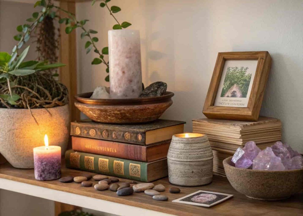 A bohemian shelf display featuring stacked books, rose quartz crystals, handmade ceramics, travel photos, and a trailing plant in warm golden light
