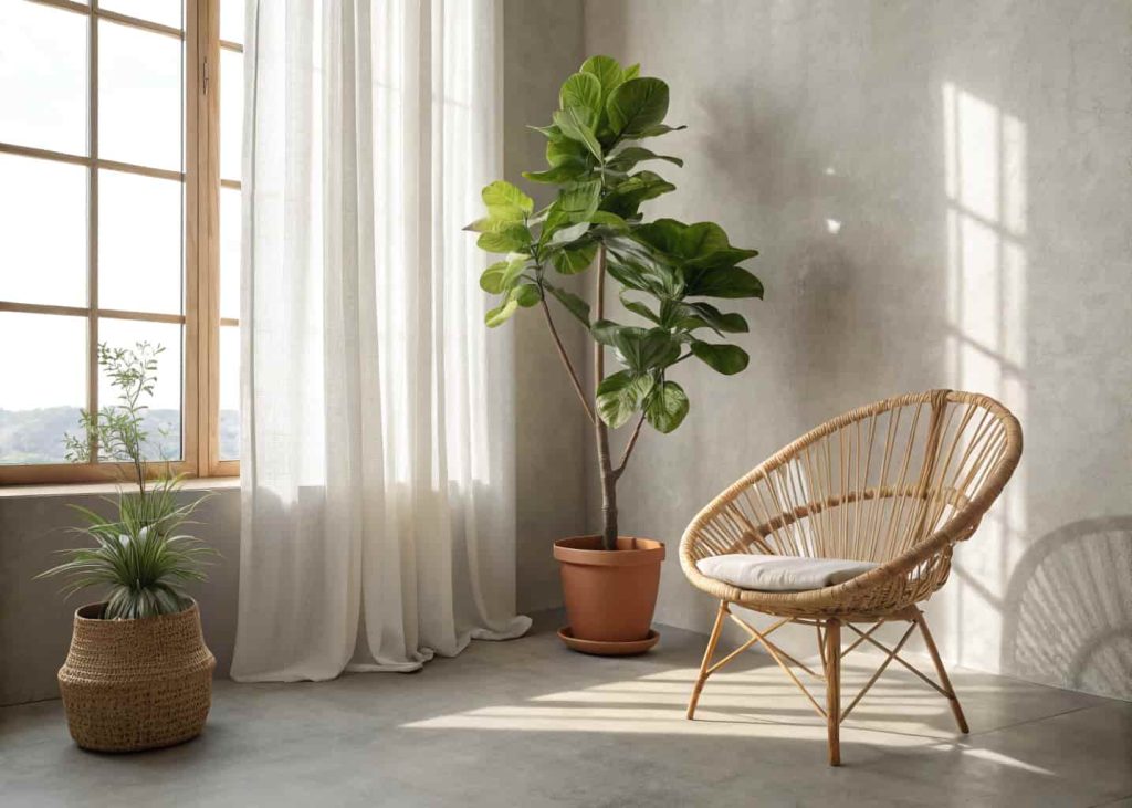 A minimalist living room corner with a large fiddle leaf fig plant in a terracotta pot, a rattan side chair, soft afternoon sunlight, linen curtains, and a smooth concrete floor — natural, warm, and effortlessly elegant.
