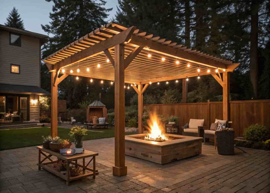 An open pergola with slatted roof panels over an outdoor fire pit seating area