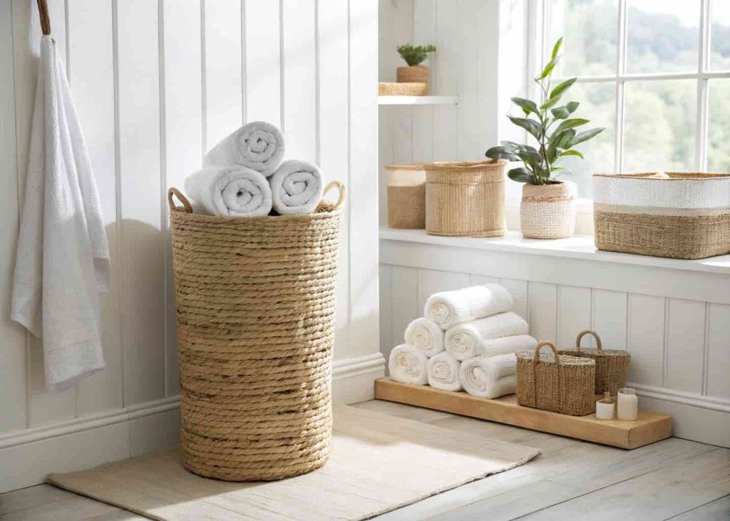 A tall handwoven seagrass basket holding rolled towels in a bright white bathroom corner with small wicker baskets on shelves