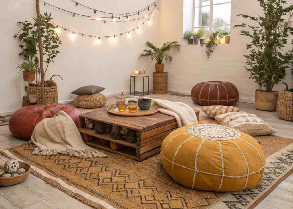 A relaxed bohemian floor seating area with large colorful floor cushions, woven poufs, and a low wooden coffee table on layered rugs in a cozy apartment