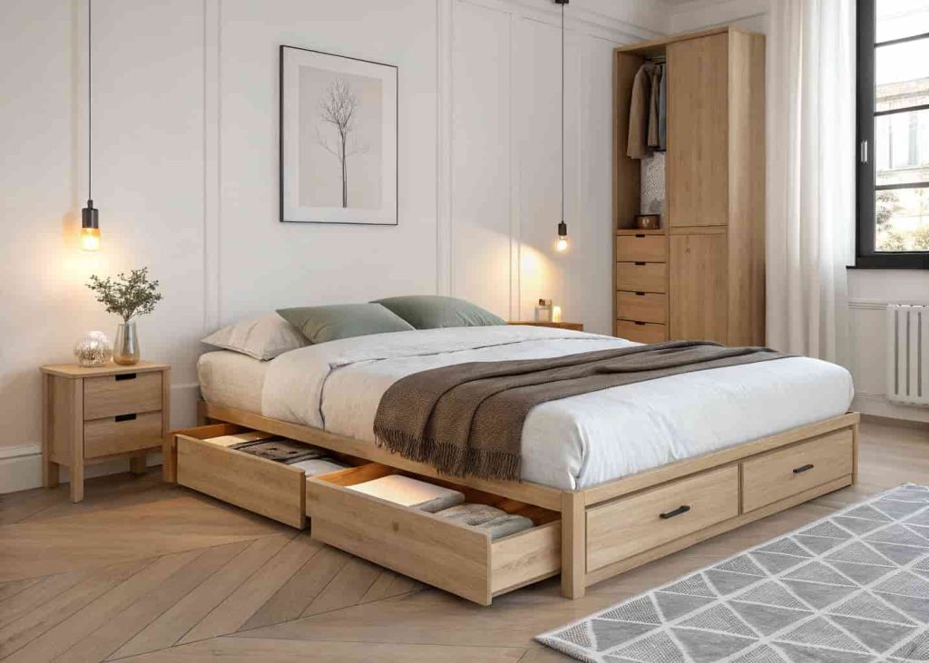 A minimalist bedroom with a low wooden bed frame featuring built-in under-bed storage drawers, a simple white wall, a neatly folded blanket at the foot of the bed, and soft warm bedside lighting — organized, calm, and serene.