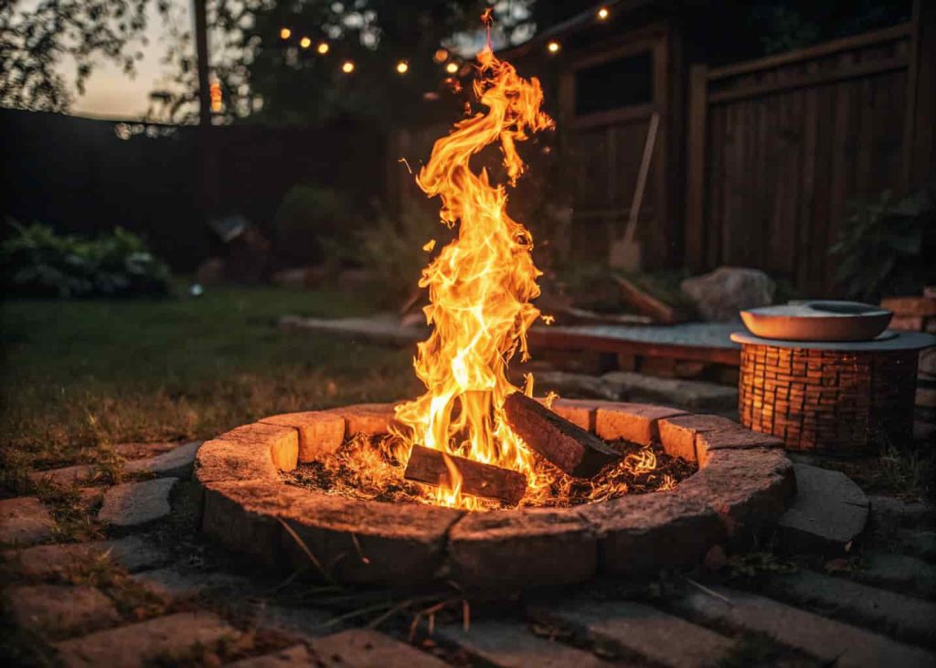 A small hot clean-burning fire with bright flames and no visible smoke in a fire pit