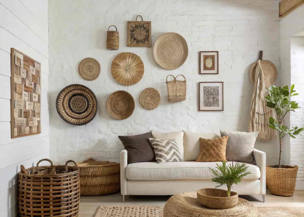 A mix of round, oval, and rectangular handwoven baskets in varying shapes displayed on a white living room wall