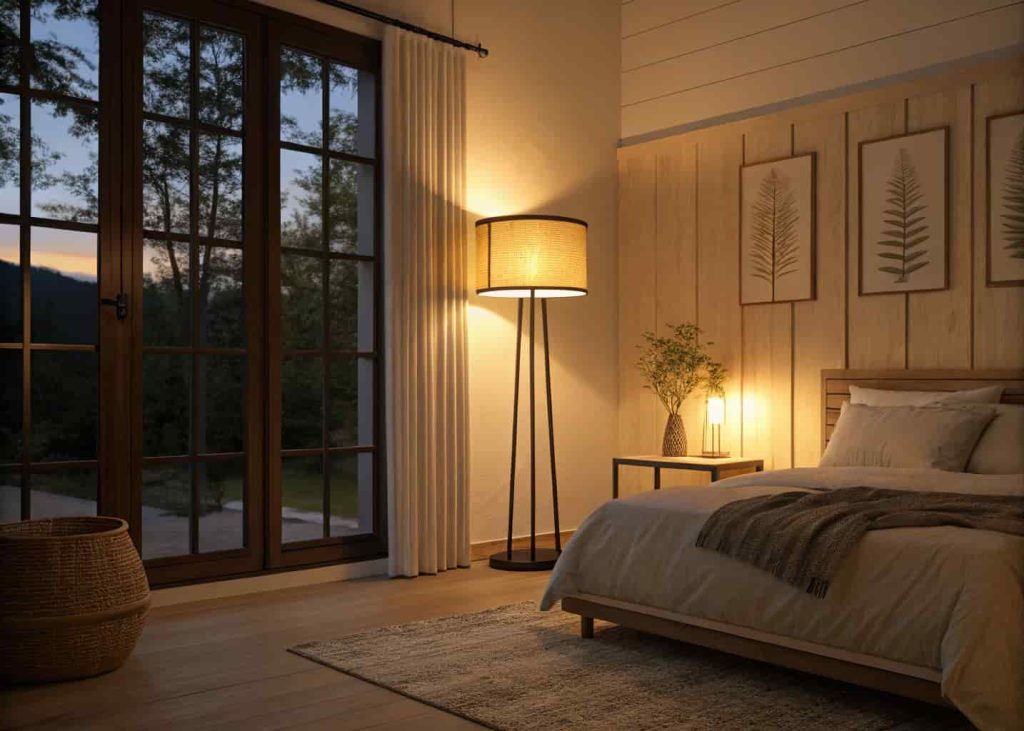 A cozy minimalist bedroom lit with warm amber floor and table lamps, creating a soft, layered glow with no harsh overhead lighting