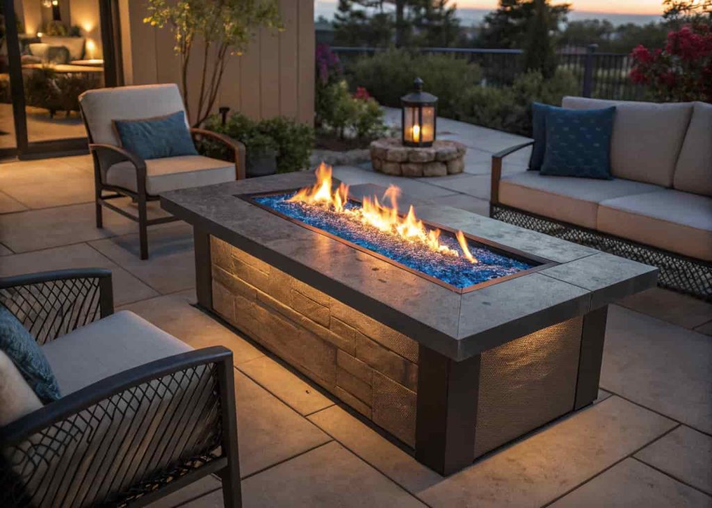 A modern propane fire pit table with clean flames and no smoke on a backyard patio