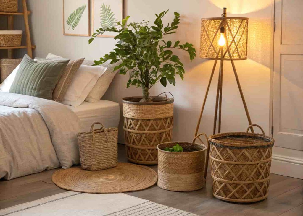 Three handwoven floor baskets in a styled boho bedroom corner with a floor lamp and a trailing plant