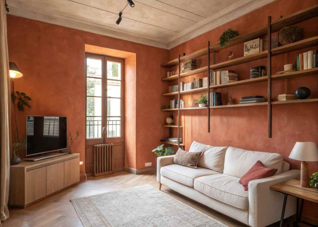 A small apartment living room with warm terracotta walls, natural wood shelves, cream sofa, soft ambient lighting, cozy and minimal, interior design photography, warm tones, daylight coming through a window.