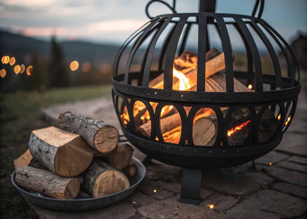 A raised iron fire grate holding logs in a fire pit allowing air to flow underneath