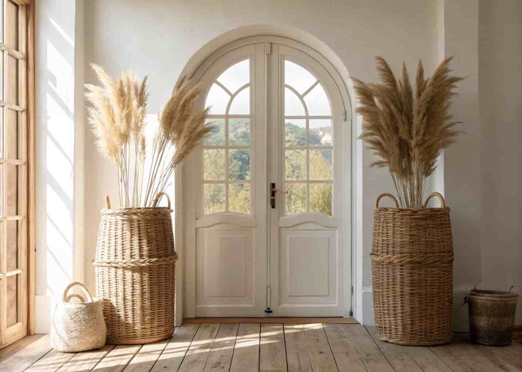 Two tall handwoven floor baskets with dried pampas grass placed symmetrically framing a white arched doorway