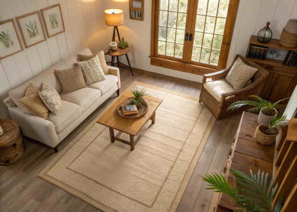 Cozy small living room with a large soft cream jute area rug under a sofa and armchair, warm lighting, simple wooden coffee table, apartment interior, natural light, earthy warm tones, overhead angle.
