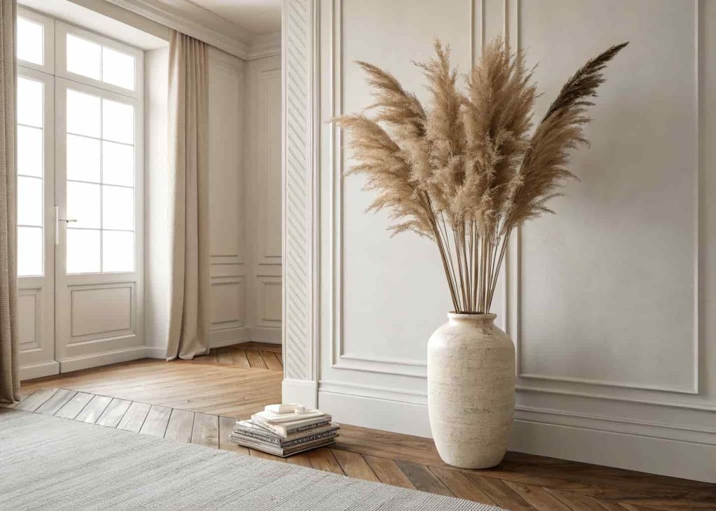 A minimalist living room corner featuring a single tall dried pampas grass arrangement in a ceramic vase against a neutral wall with wooden flooring