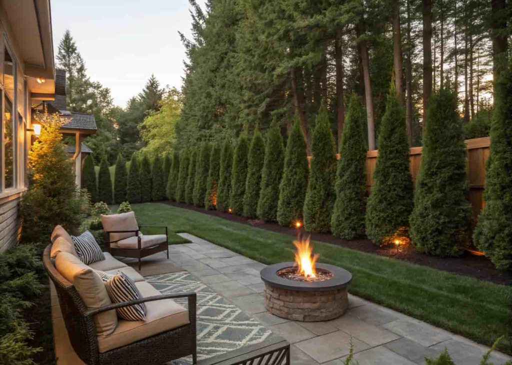 A fire pit with a natural evergreen shrub windbreak planted on one side of the yard